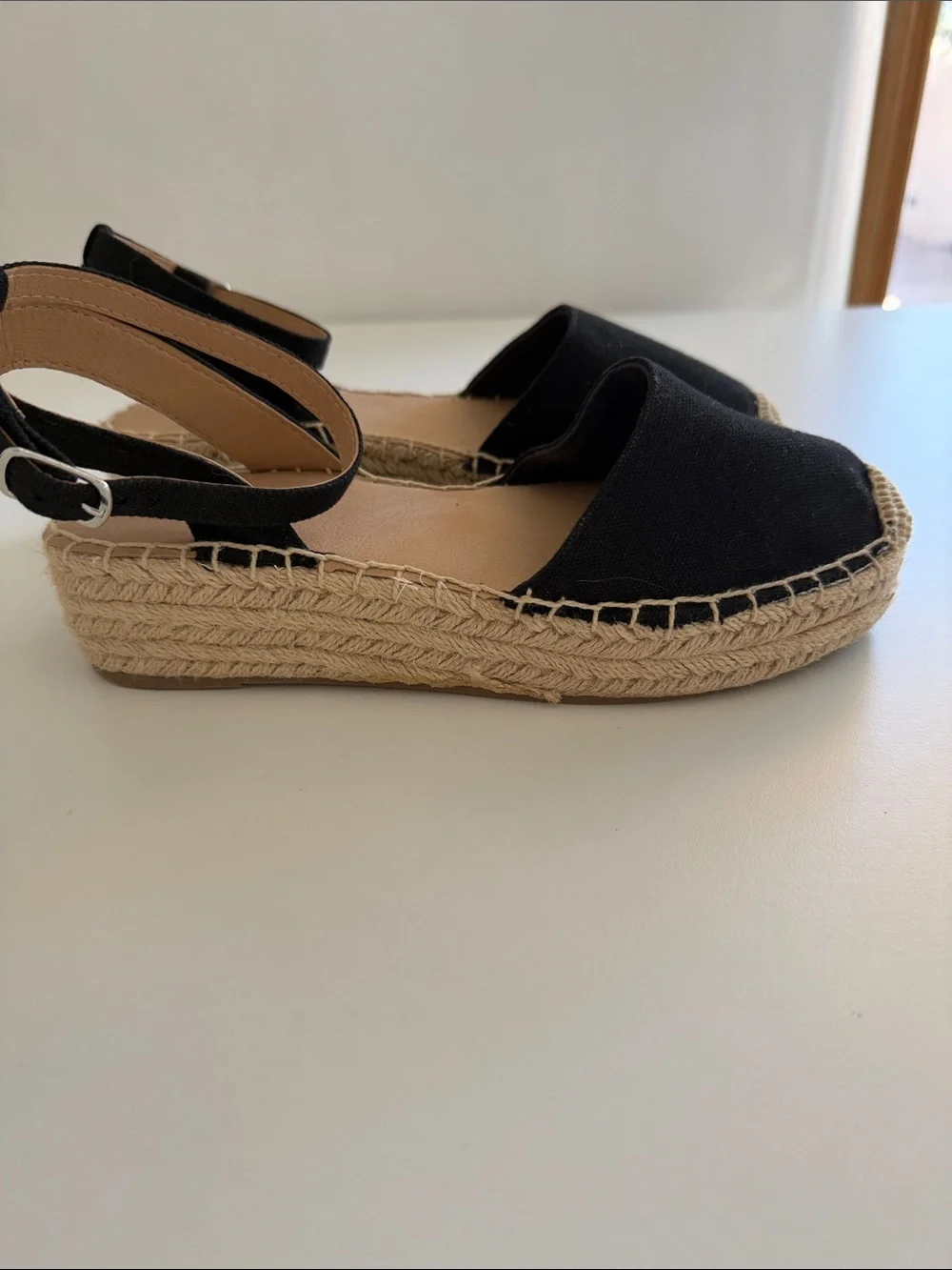 Soda Black Canvas Ankle-Strap Espadrilles with Jute Trim